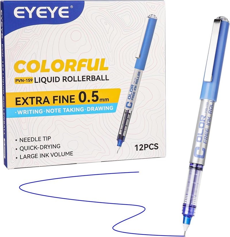 EYEYE أقلام زرقاء 0.5 مم برأس إبرة، عبوة 12 قلم رولر بال نقطة دقيقة جافة سريعة، أقلام حبر سائل زرقاء نقطة دقيقة للكتابة السلسة لتدوين الملاحظات، المكتب، مستلزمات المدرسة - Image 1